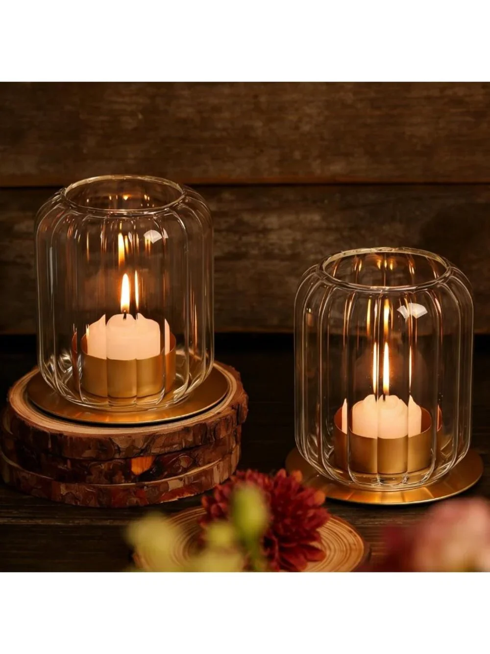 Set of 2 Lantern Style Tealight Candle Holders - Clear Glass & Metal Base